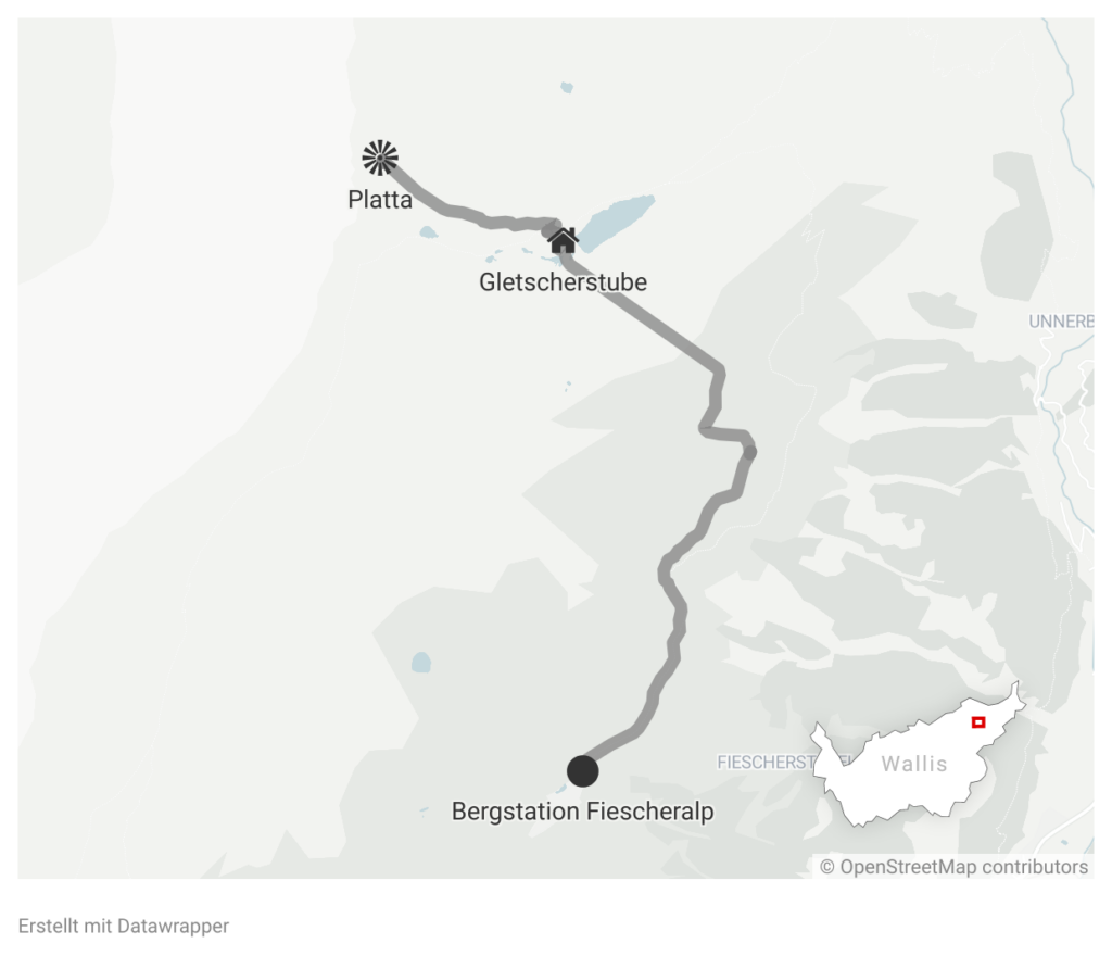 Karte: der Weg von der Fiescheralp zur Platta. 
